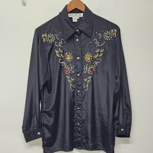 Vtg. HARBOUR VUE Embellished Button Up LS Shirt Sz. 14 Celestial Beaded Festival